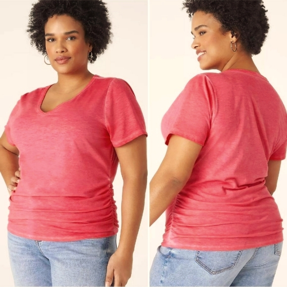 Lane Bryant Burgundy Short Sleeve Fitted Ruched Side Tee Top - Picture 1 of 6